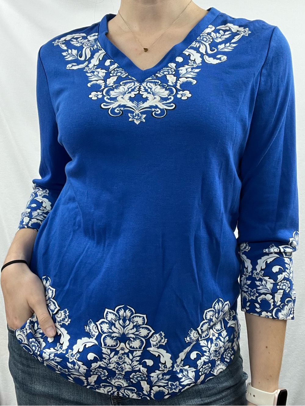 Chico's Cobalt Blue V-Neck Tunic with White Floral Embroidery
